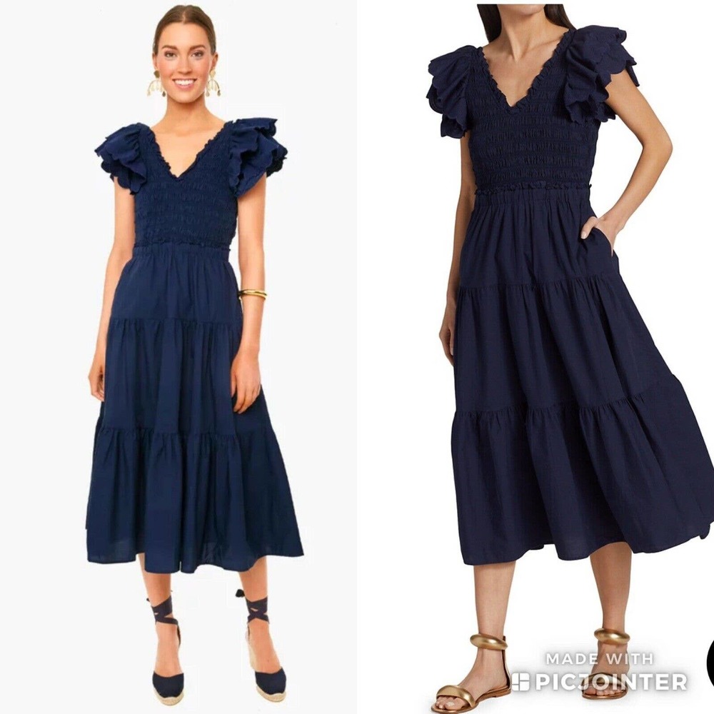 Sea NY Heidi Flutter Sleeve Smocked Navy Midi Dress